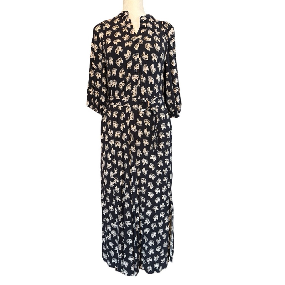 Ann Taylor Midi Dress 00 Petite‎ Navy Equestrian Print Belted Lined 3/4 Sleeve